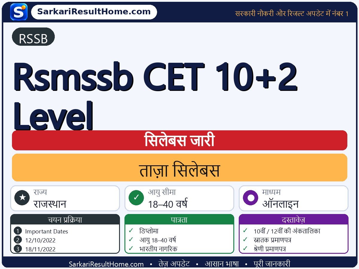 RSSB सिलेबस 2026: Rsmssb CET 10+2 Level का सिलेबस और परीक्षा पैटर्न - मुख्य जानकारी एक नज़र में