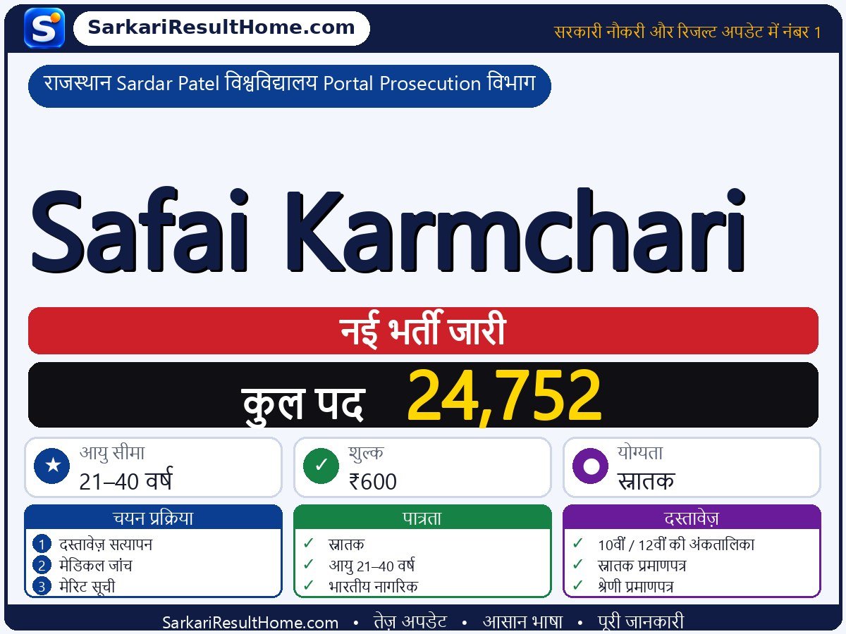 Rajasthan Sardar Patel University Portal Prosecution Department भर्ती 2026: Safai Karmchari के 24,752 पदों के लिए आवेदन करें - मुख्य जानकारी एक नज़र में