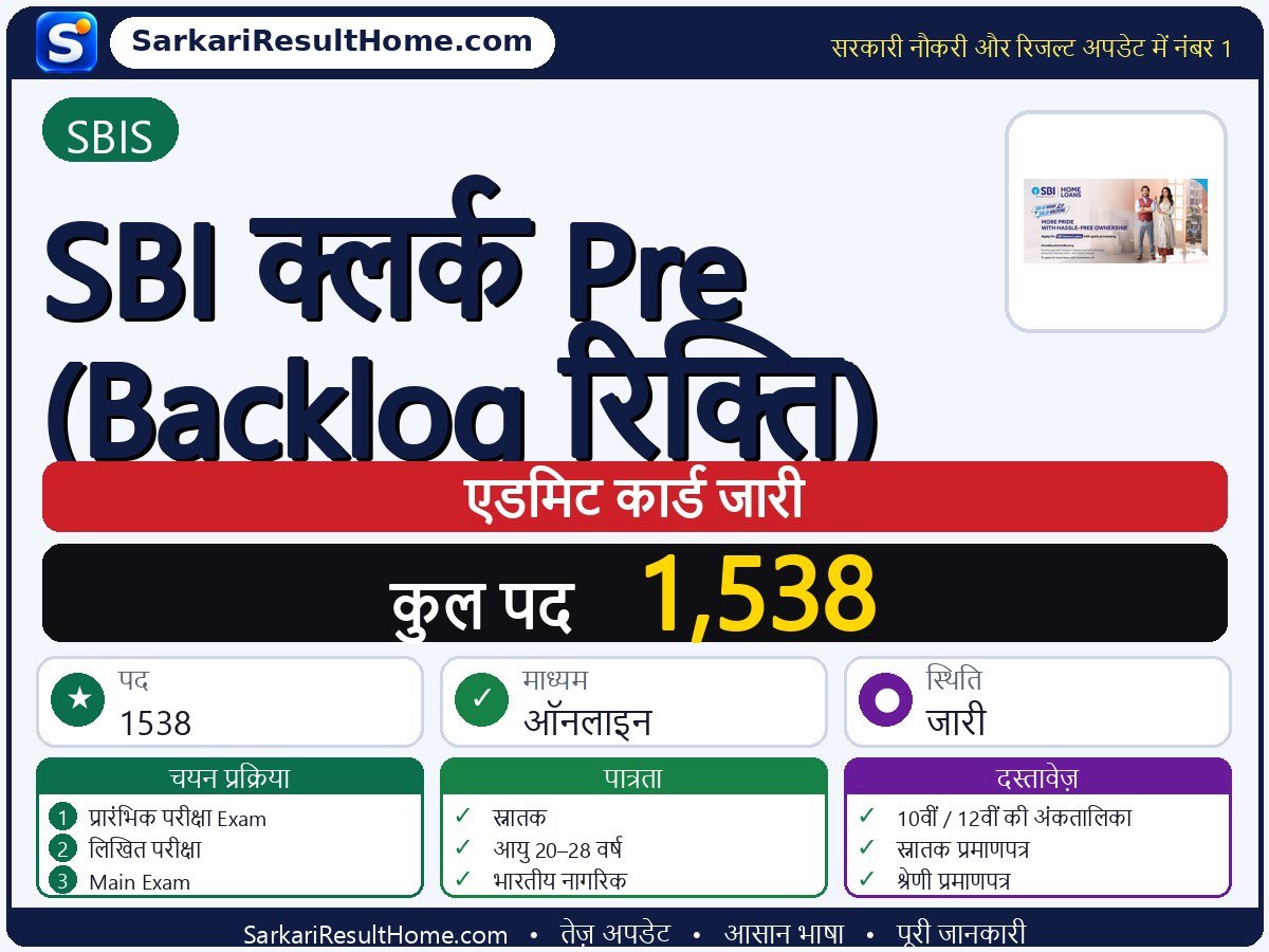 SBIS एडमिट कार्ड 2026: SBI Clerk Pre (Backlog Vacancy) परीक्षा का एडमिट कार्ड डाउनलोड करें - मुख्य जानकारी एक नज़र में
