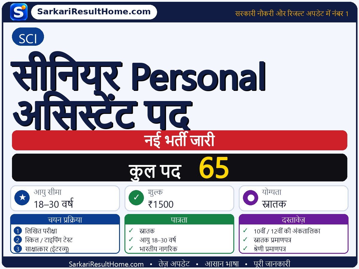 SCI भर्ती 2026: Senior Personal Assistant Posts के 65 पदों के लिए आवेदन करें - मुख्य जानकारी एक नज़र में
