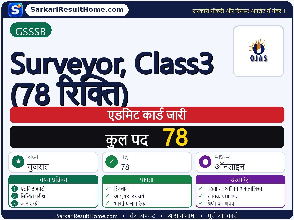 GSSSB एडमिट कार्ड 2026: Surveyor, Class-3 (78 Vacancy) परीक्षा का एडमिट कार्ड डाउनलोड करें - मुख्य जानकारी एक नज़र में