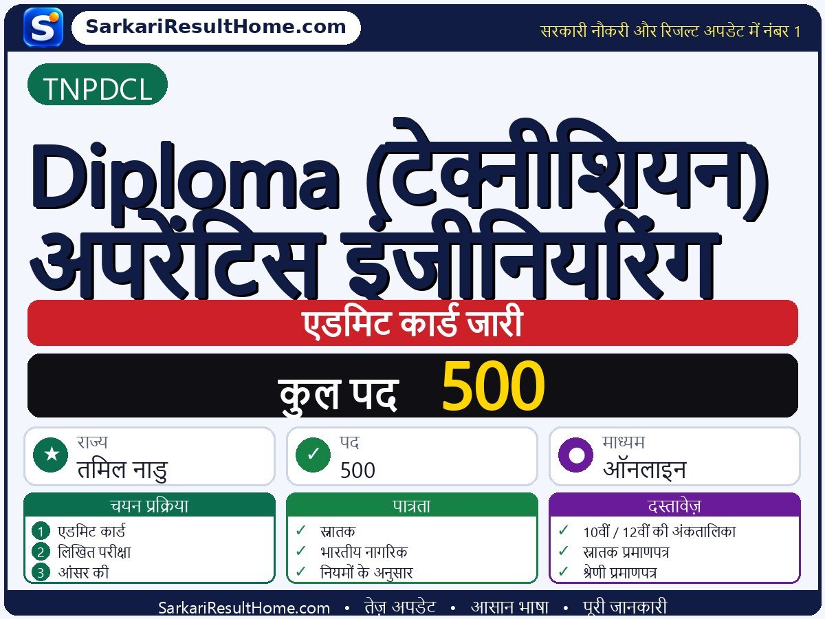 TNPDCL एडमिट कार्ड 2026: Diploma (Technician) Apprentice Engineering परीक्षा का एडमिट कार्ड डाउनलोड करें - मुख्य जानकारी एक नज़र में