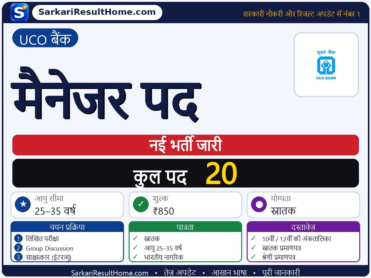 UCO Bank भर्ती 2026: Manager Posts के 20 पदों के लिए आवेदन करें - मुख्य जानकारी एक नज़र में
