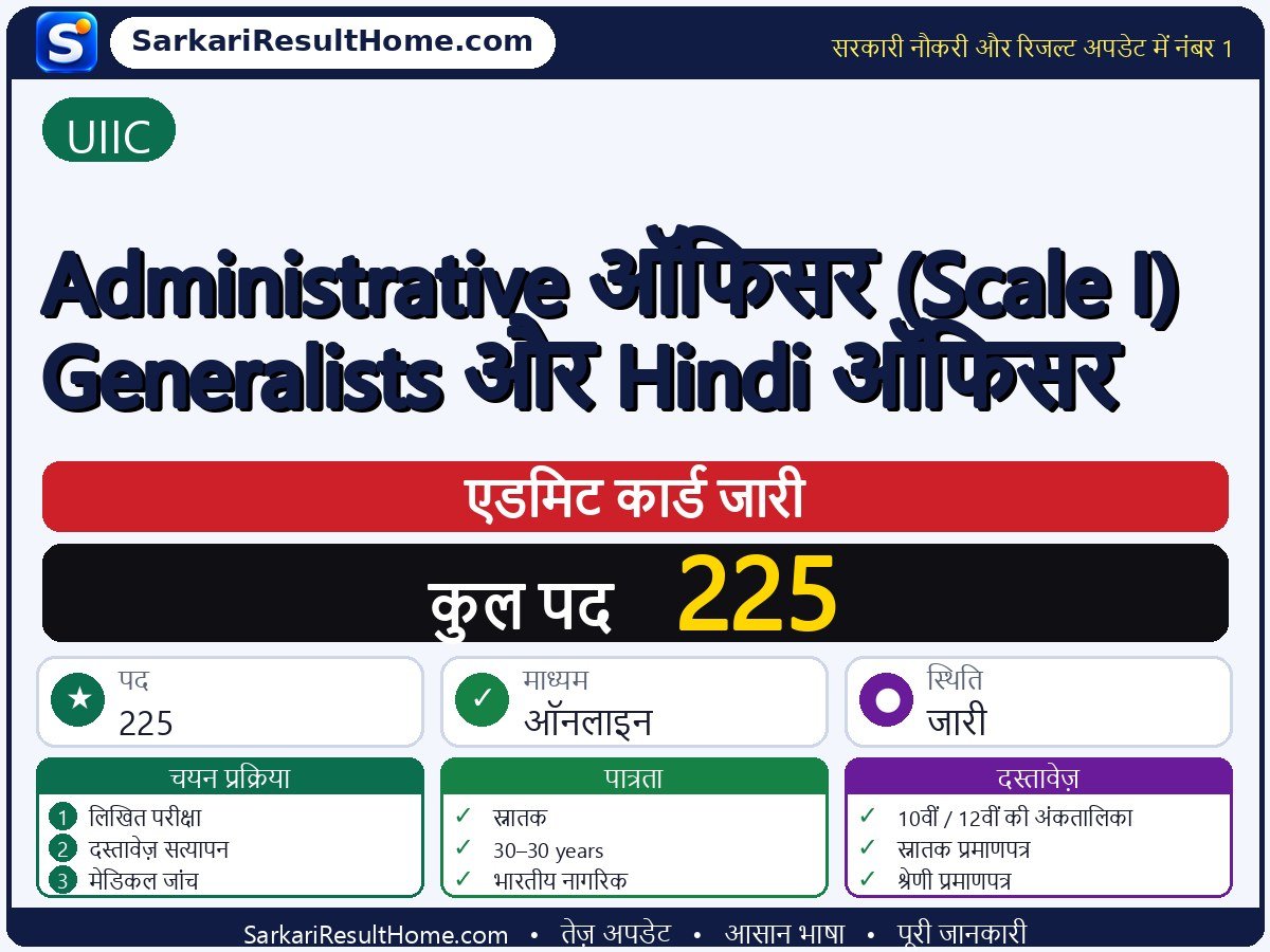 UIIC एडमिट कार्ड 2026: Administrative Officer (Scale I) Generalists and Hindi परीक्षा का एडमिट कार्ड डाउनलोड करें - मुख्य जानकारी एक नज़र में