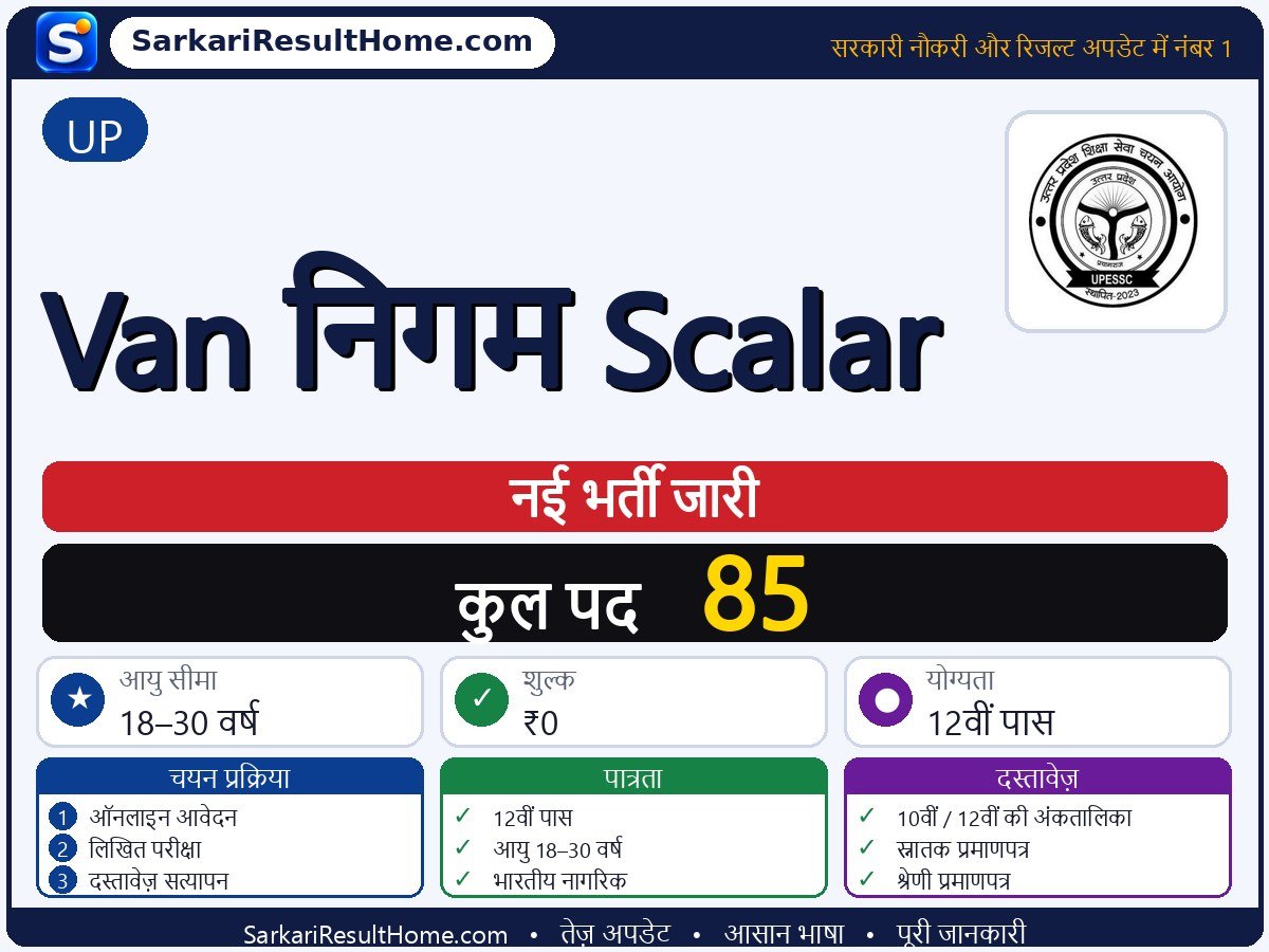 UP भर्ती 2026: Van Nigam Scalar के 85 पदों के लिए आवेदन करें - मुख्य जानकारी एक नज़र में