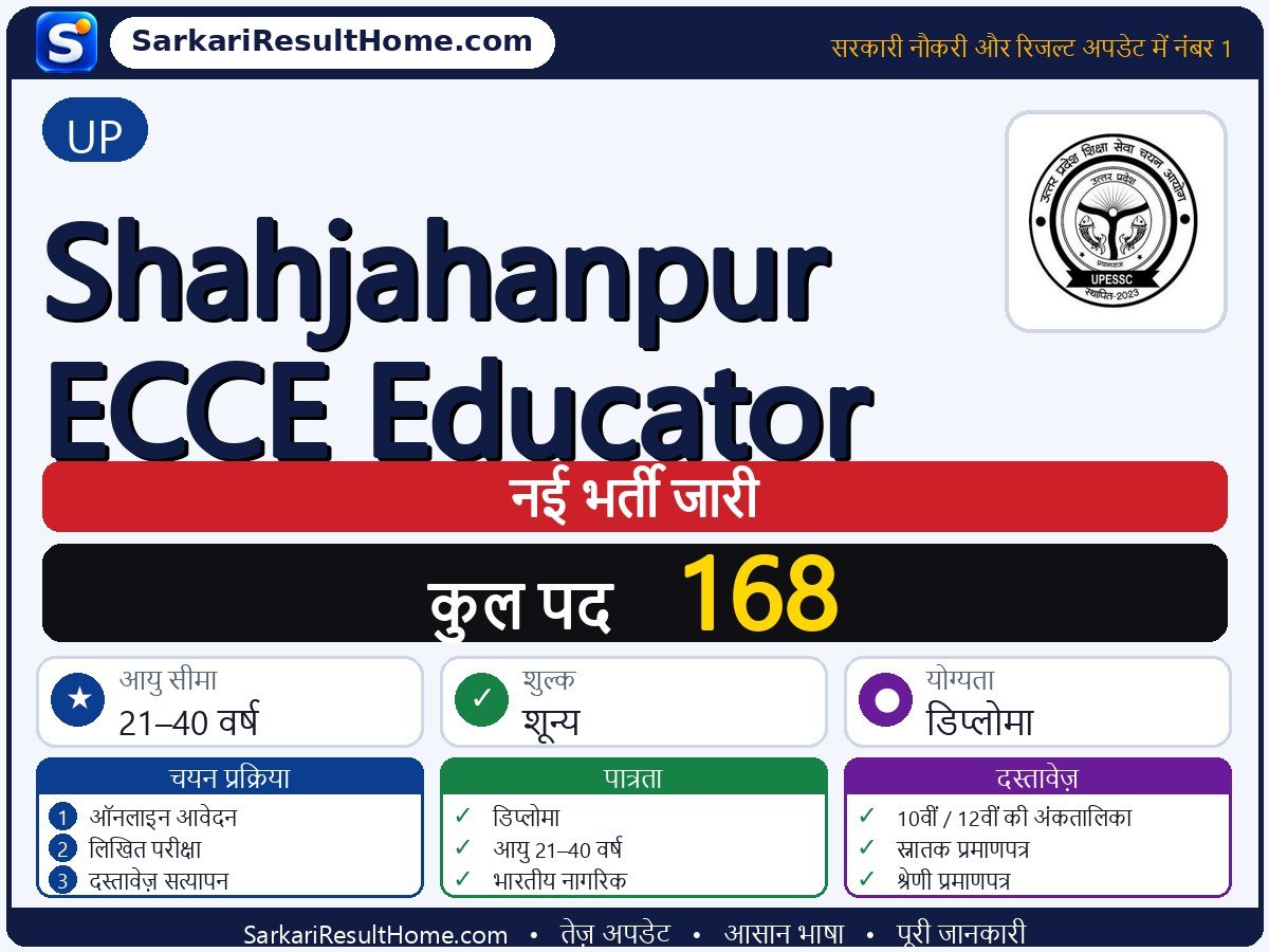 UP भर्ती 2026: Shahjahanpur ECCE Educator के 168 पदों के लिए आवेदन करें - मुख्य जानकारी एक नज़र में
