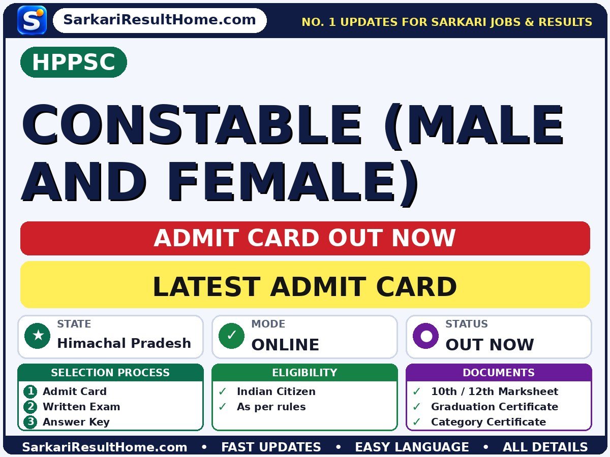 HPPSC Constable (Male and Female) Admit Card 2026 Out: How to Download - Himachal Pradesh Public Service Commission admit card summary (Exam Date: 22 Oct 2026)