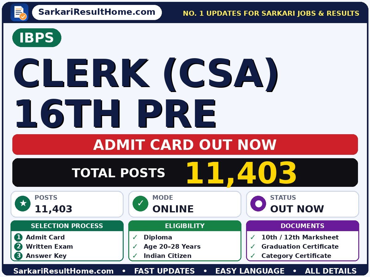 IBPS Clerk (CSA) 16th Pre Exam Admit Card 2026 - Institute of Banking Personnel Selection admit card summary (Exam Date: 11 Oct 2026; Admit Card: 01 Oct 2026)