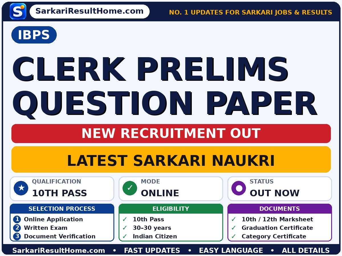 IBPS Government Job 2026 for Clerk Prelims Question Paper – Check Details - Institute of Banking Personnel Selection sarkari naukri summary (Qualification: 10th Pass; Age: 30–30 years)