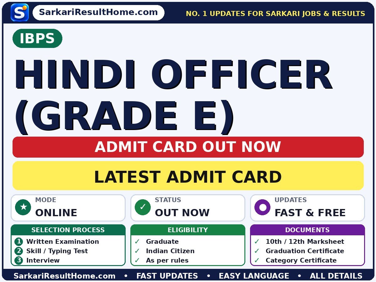 IBPS Hindi Officer (Grade E) Admit Card 2026 Out: How to Download - Institute of Banking Personnel Selection admit card summary (Exam Date: 15 Oct 2026; Admit Card: 08 Oct 2026)
