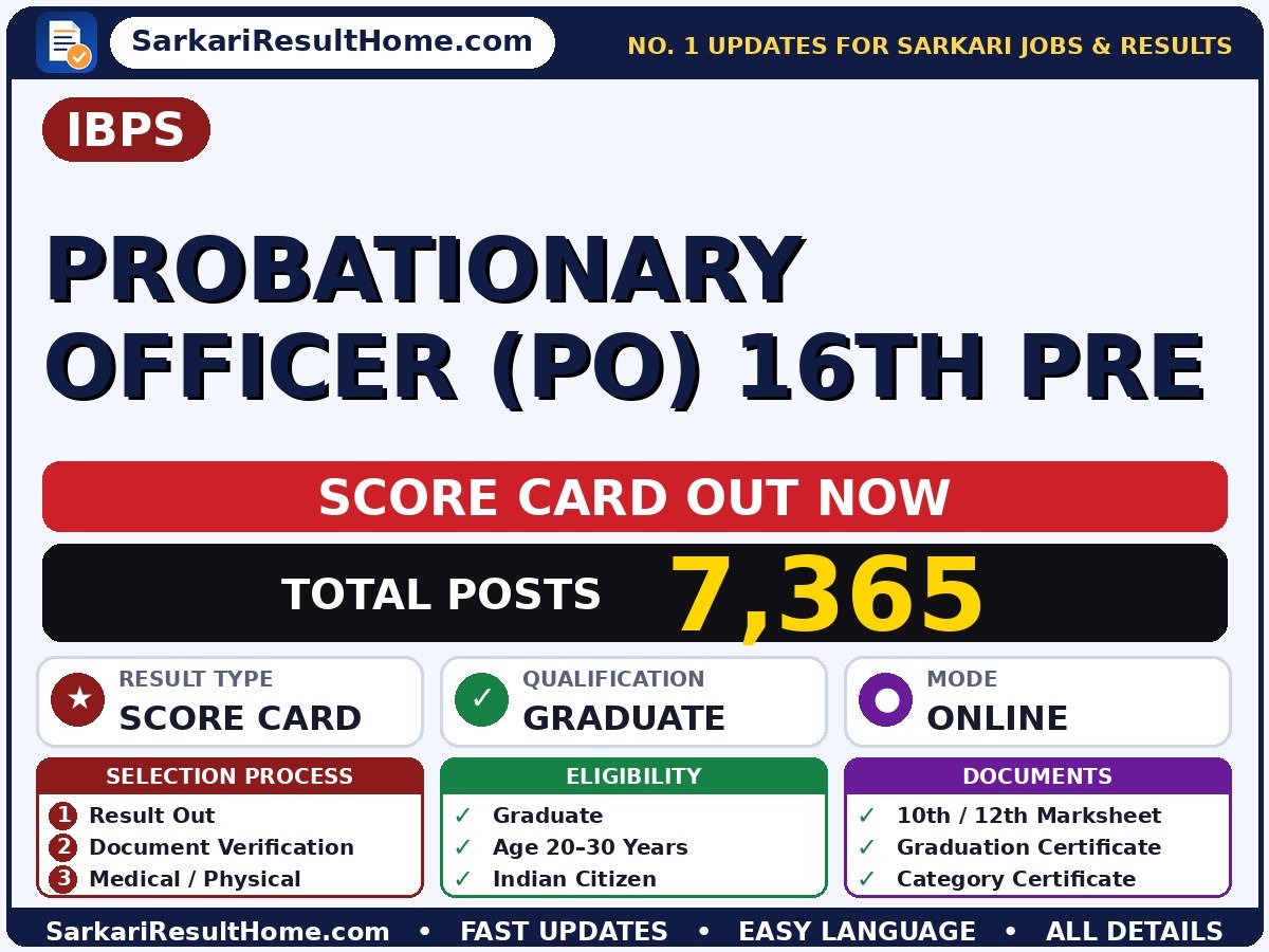 IBPS Probationary Officer (PO) 16th Pre Score Card 2026 Declared – Sarkari Result - Institute of Banking Personnel Selection sarkari result summary (Result Date: 23 Sep 2026; Exam Date: 10 Aug 2026)