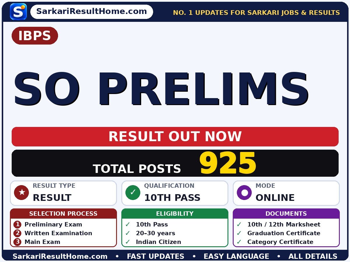 IBPS SO Prelims Sarkari Result 2026 Declared - Institute of Banking Personnel Selection sarkari result summary (Result Date: 15 Oct 2026; Exam Date: 01 Nov 2026)
