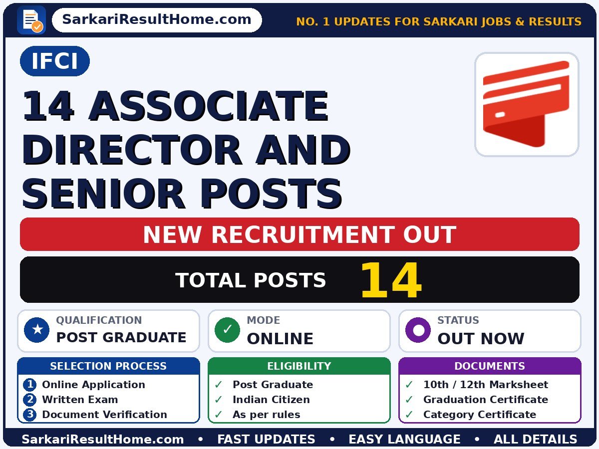 IFCI Govt Job 2026 for 14 Associate Director and Senior – Download Now - IFCI sarkari naukri summary (Total Posts: 14; Last Date: 27 Sep 2026; Qualification: Post Graduate)
