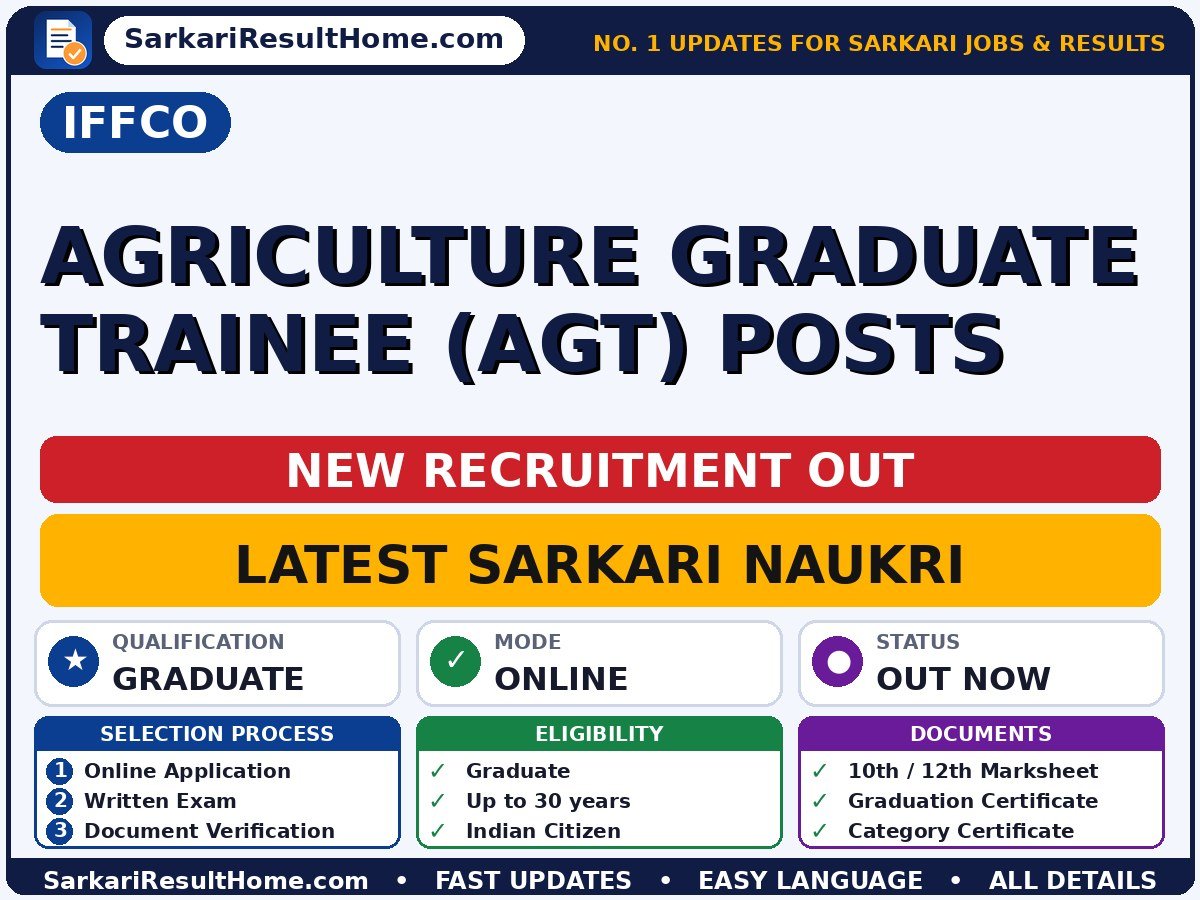 IFFCO Recruitment 2026 for Agriculture Graduate Trainee (AGT) – Download Now - IFFCO sarkari naukri summary (Last Date: 14 Oct 2026; Qualification: Graduate; Age: Up to 30 years)