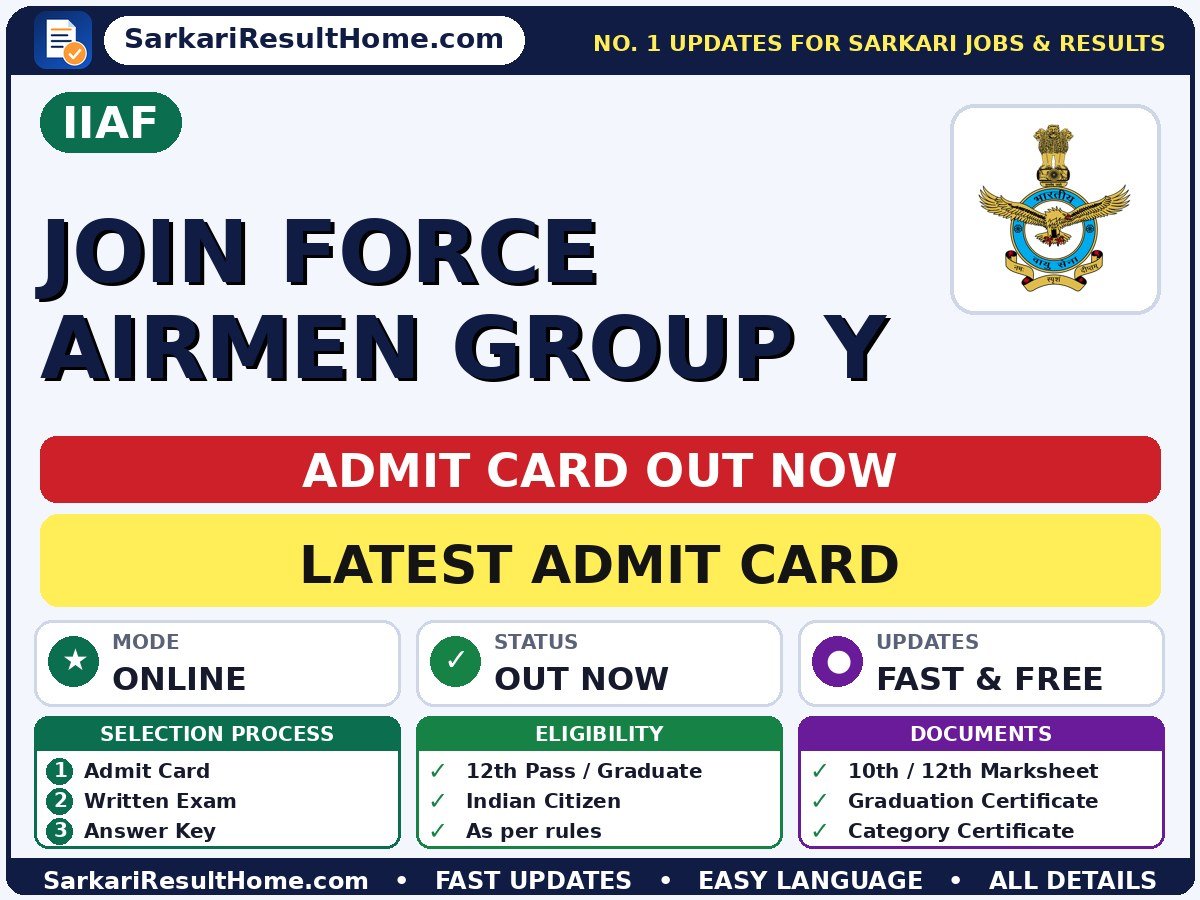 IIAF Join Force Airmen Group Y Admit Card 2026 – Download Link - IAF Indian Air Force admit card summary (Exam Date: 22 Sep 2026; Admit Card: 19 Sep 2026)