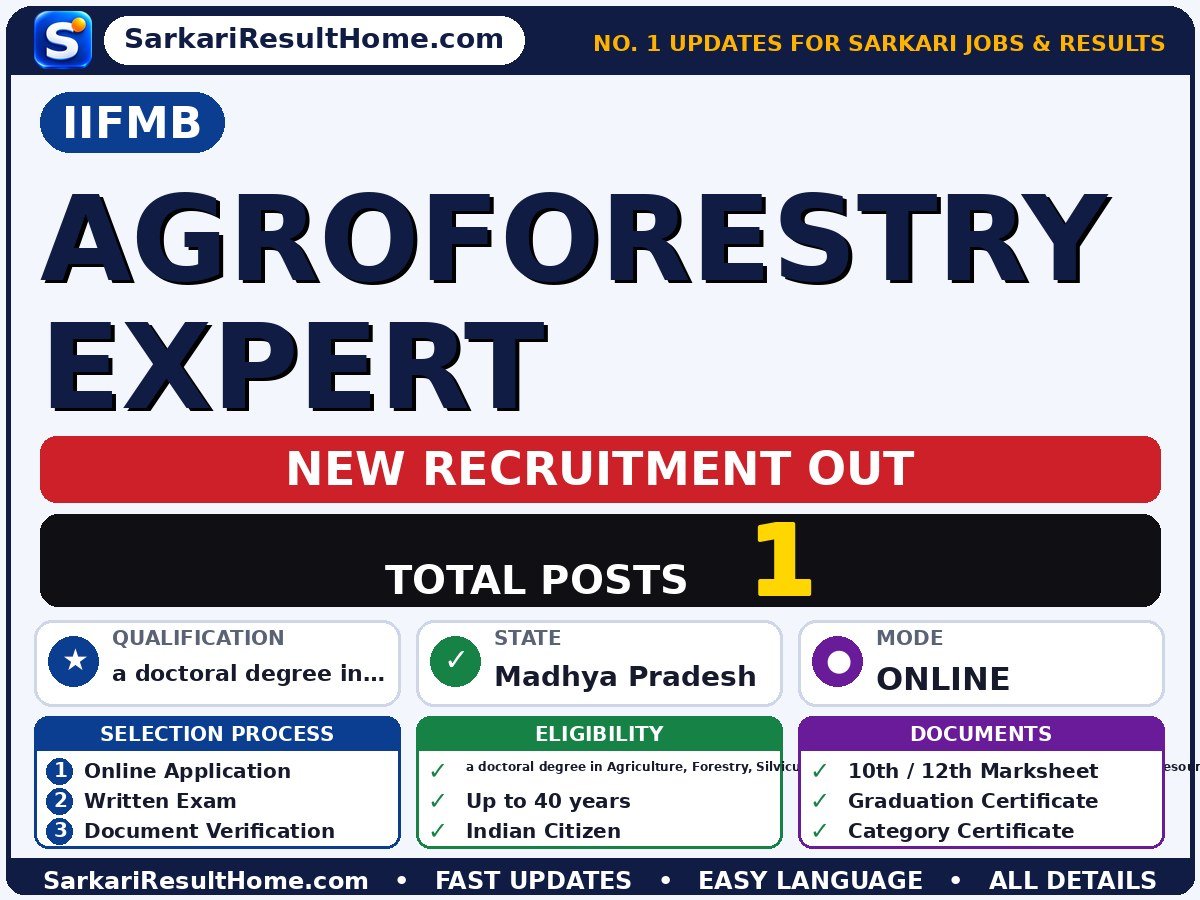 IIFMB Government Job 2026 for 1 Agroforestry Expert Post – Direct Link - Indian Institute of Forest Management, Bhopal sarkari naukri summary (Total Posts: 1; Last Date: 25 Oct 2026; Qualification: a doctoral degree in Agr…)