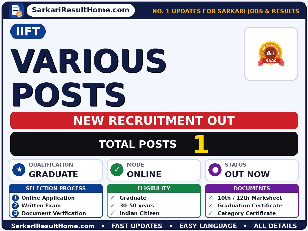 IIFT Sarkari Naukri 2026 for 1 Various Post – Download Now - Indian Institute of Foreign Trade sarkari naukri summary (Total Posts: 1; Last Date: 18 Oct 2026; Qualification: Graduate)