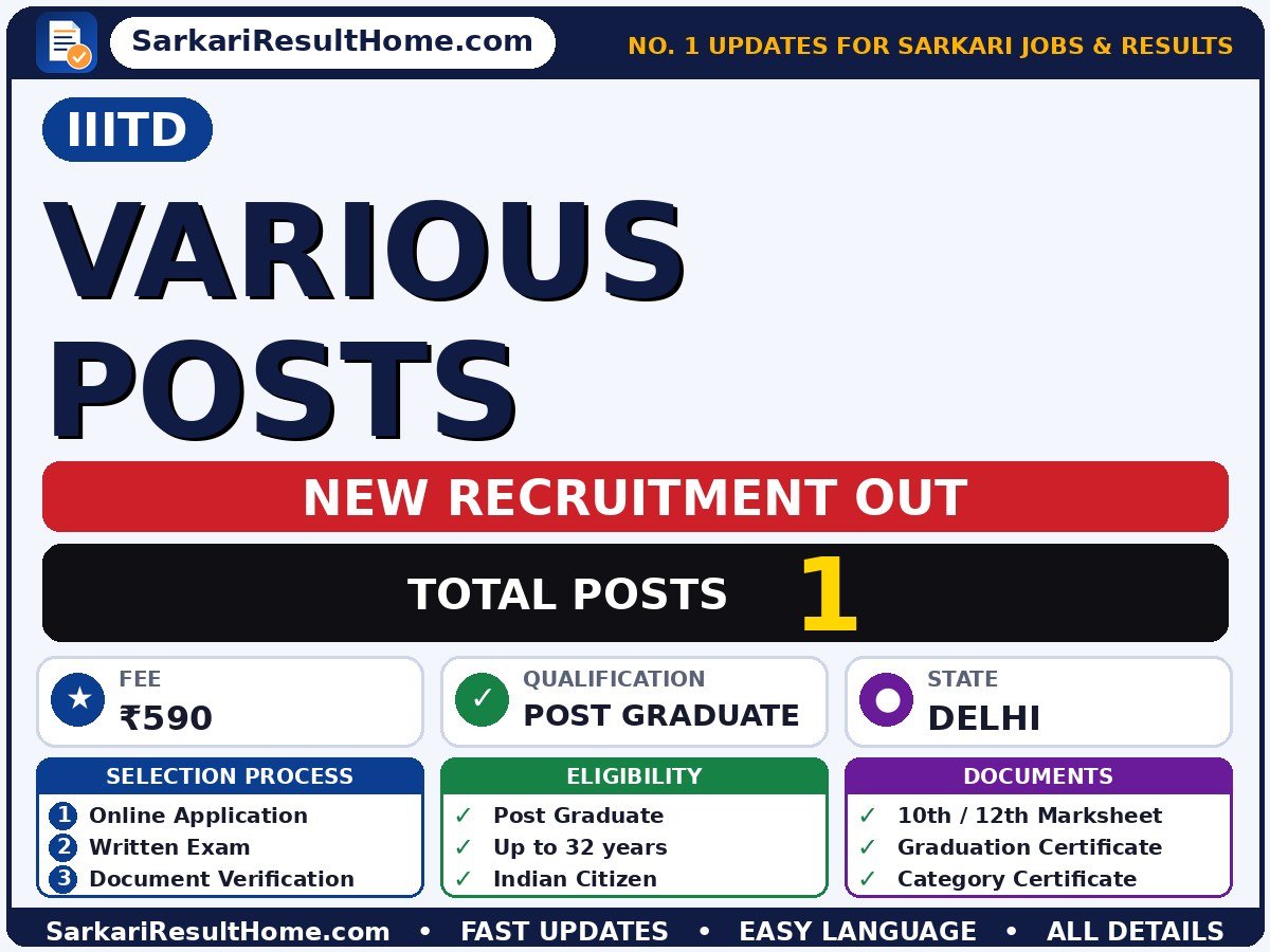 IIITD Govt Job 2026 for 1 Various Post – Direct Link - Indraprastha Institute of Information Technology Delhi sarkari naukri summary (Total Posts: 1; Last Date: 27 Oct 2026; Qualification: Post Graduate)