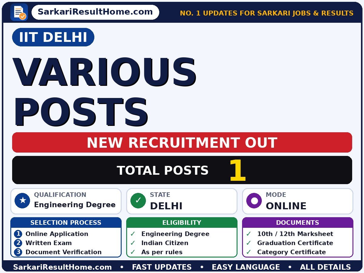 IIT Delhi Government Job 2026 for 1 Various Post – Download PDF - Indian Institute of Technology Delhi sarkari naukri summary (Total Posts: 1; Last Date: 21 Oct 2026; Qualification: Engineering Degree)