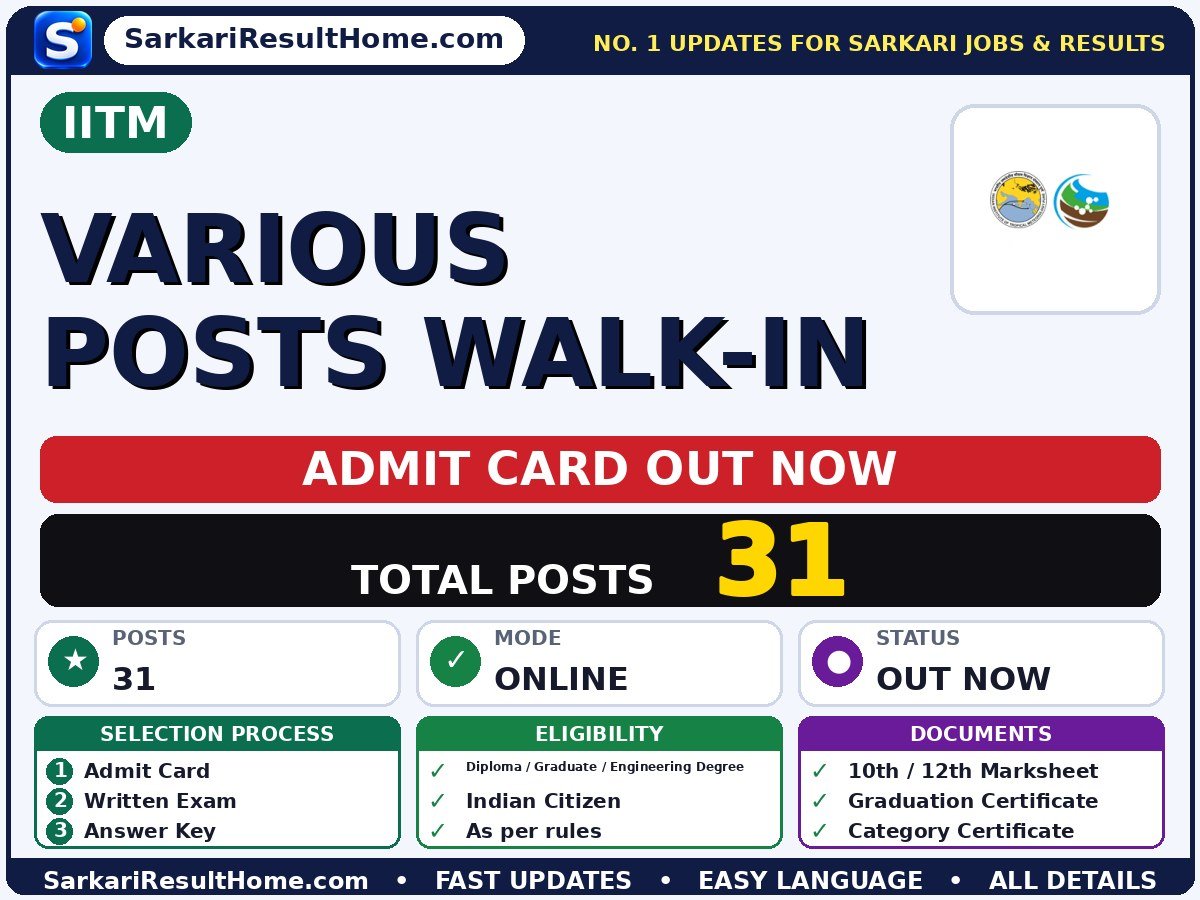 IITM Various Posts Walk-in Admit Card 2026 – Download Link - Indian Institute of Tropical Meteorology admit card summary