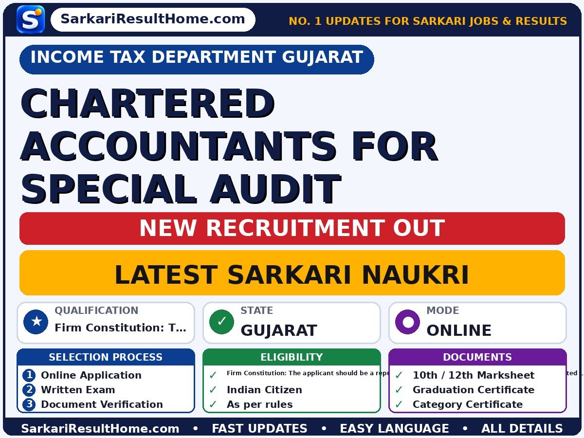 Income Tax Department Gujarat Recruitment 2026 for Chartered Accountants for Special Audit – Direct Link - Income Tax Department Gujarat sarkari naukri summary (Last Date: 20 Nov 2026; Qualification: Firm Constitution: The a…)