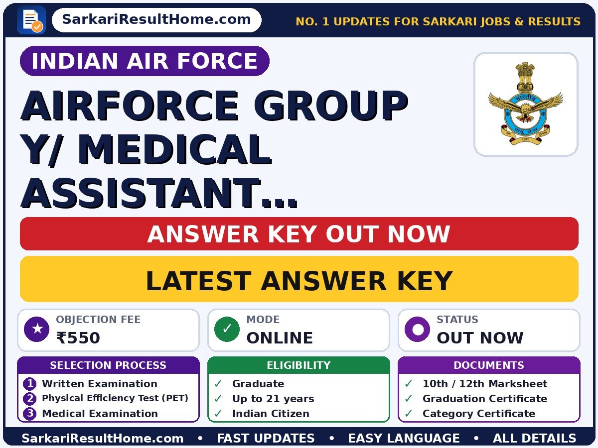 Indian Air Force Airforce Group Y/ Medical Assistant Airmen Intake 02 Answer Key 2026 Released - Indian Air Force answer key summary (Exam Date: 22 Sep 2026; Objection Fee: ₹550)