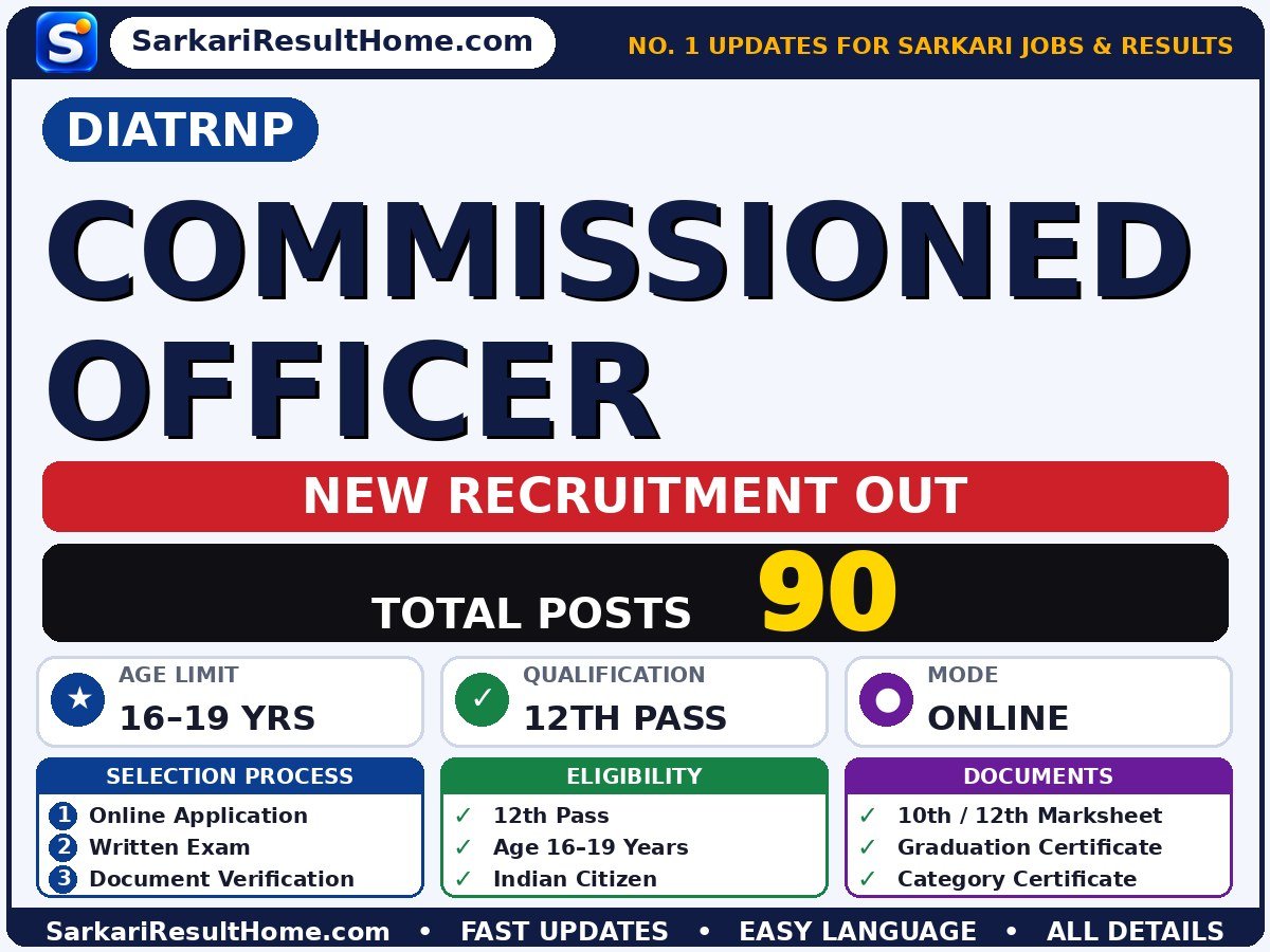 DIATRNP Recruitment 2026 for 90 Commissioned Officer Posts – Check Details - Download Indian Army TES 57 Recruitment 2026 Notification PDF sarkari naukri summary (Total Posts: 90; Last Date: 12 Nov 2026; Qualification: 12th Pass)