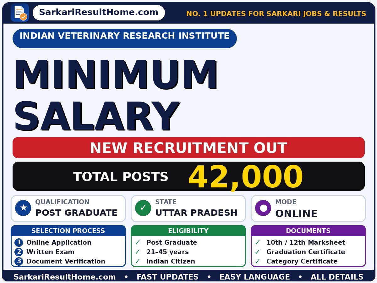 Indian Veterinary Research Institute Govt Job 2026 for 42,000 Minimum Salary Posts – Download PDF - Indian Veterinary Research Institute sarkari naukri summary (Total Posts: 42,000; Last Date: 12 Oct 2026; Qualification: Post Graduate)