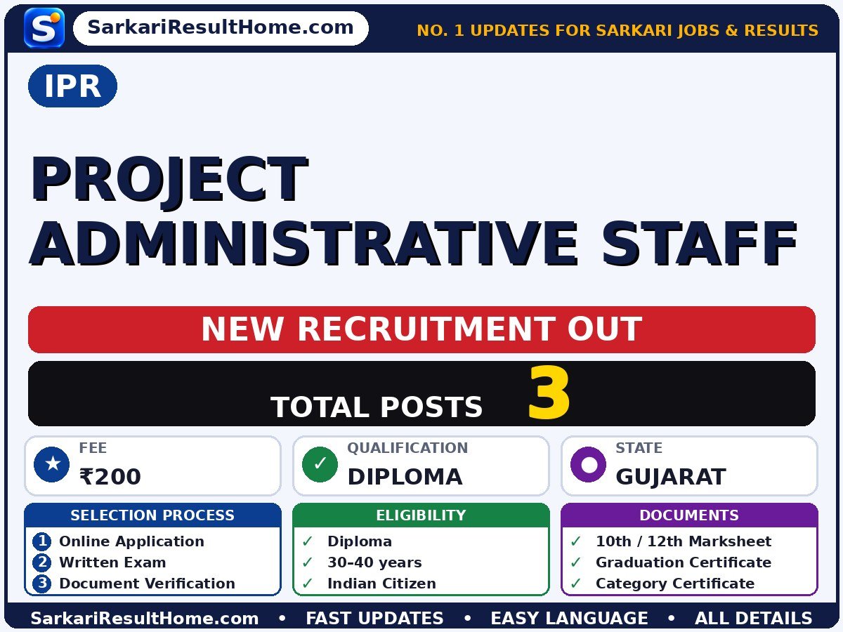 IPR Government Job 2026 for 3 Project Administrative Staff Posts – Check Out - Institute for Plasma Research sarkari naukri summary (Total Posts: 3; Last Date: 16 Nov 2026; Qualification: Diploma)