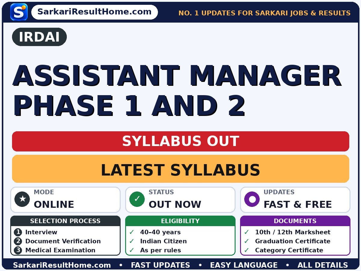 IRDAI Assistant Manager Phase 1 and 2 Syllabus 2026 - IRDAI syllabus summary (Selection: Interview → Document Verification → Medical Examination)