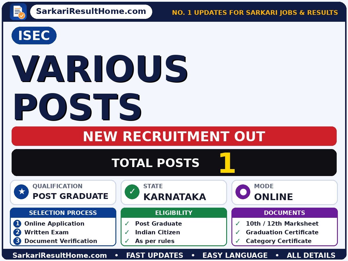 ISEC Govt Job 2026 for 1 Various Posts – Check Out - Institute for Social and Economic Change sarkari naukri summary (Total Posts: 1; Last Date: 16 Oct 2026; Qualification: Post Graduate)