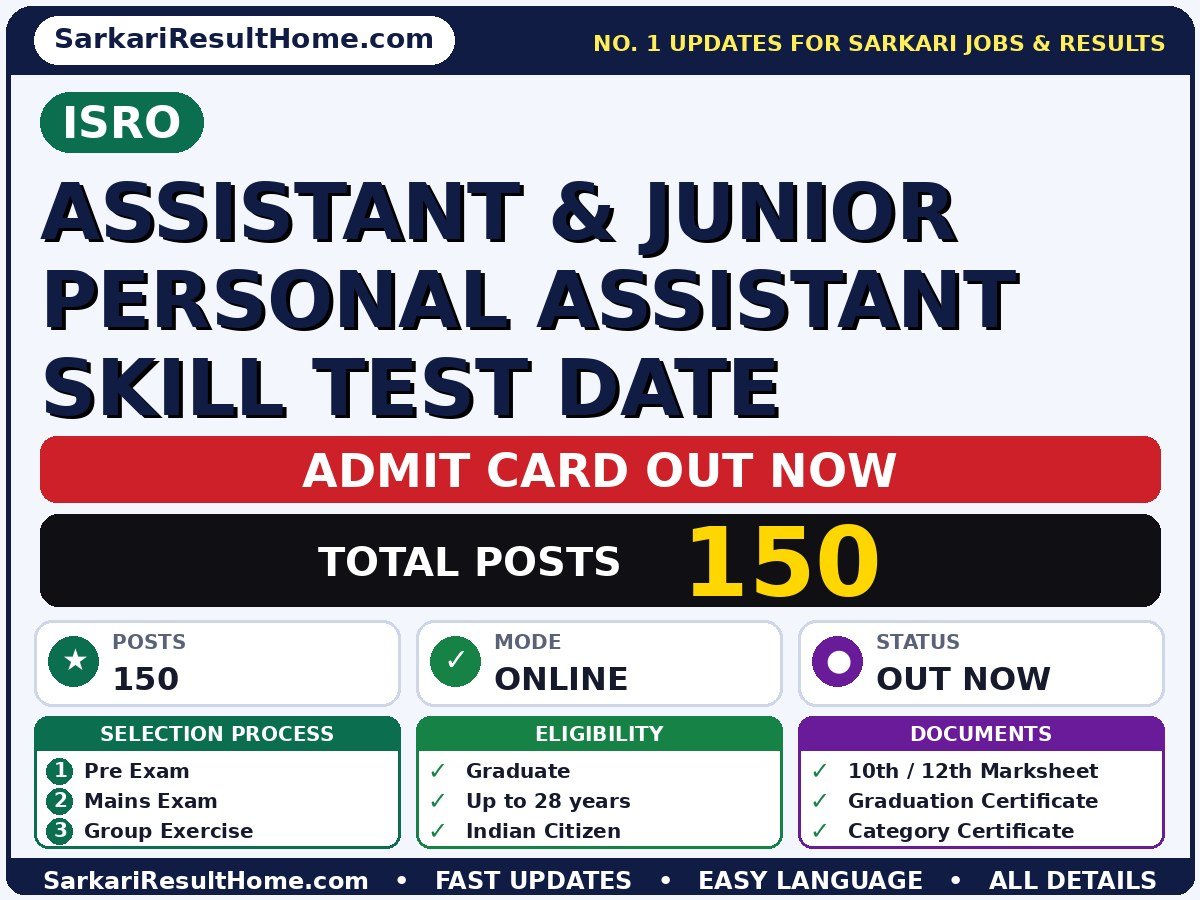 ISRO Assistant & Junior Personal Skill Test Date Admit Card 2026 – Download Link - ISRO admit card summary (Exam Date: 21 Sep 2026; Admit Card: 10 Sep 2026)