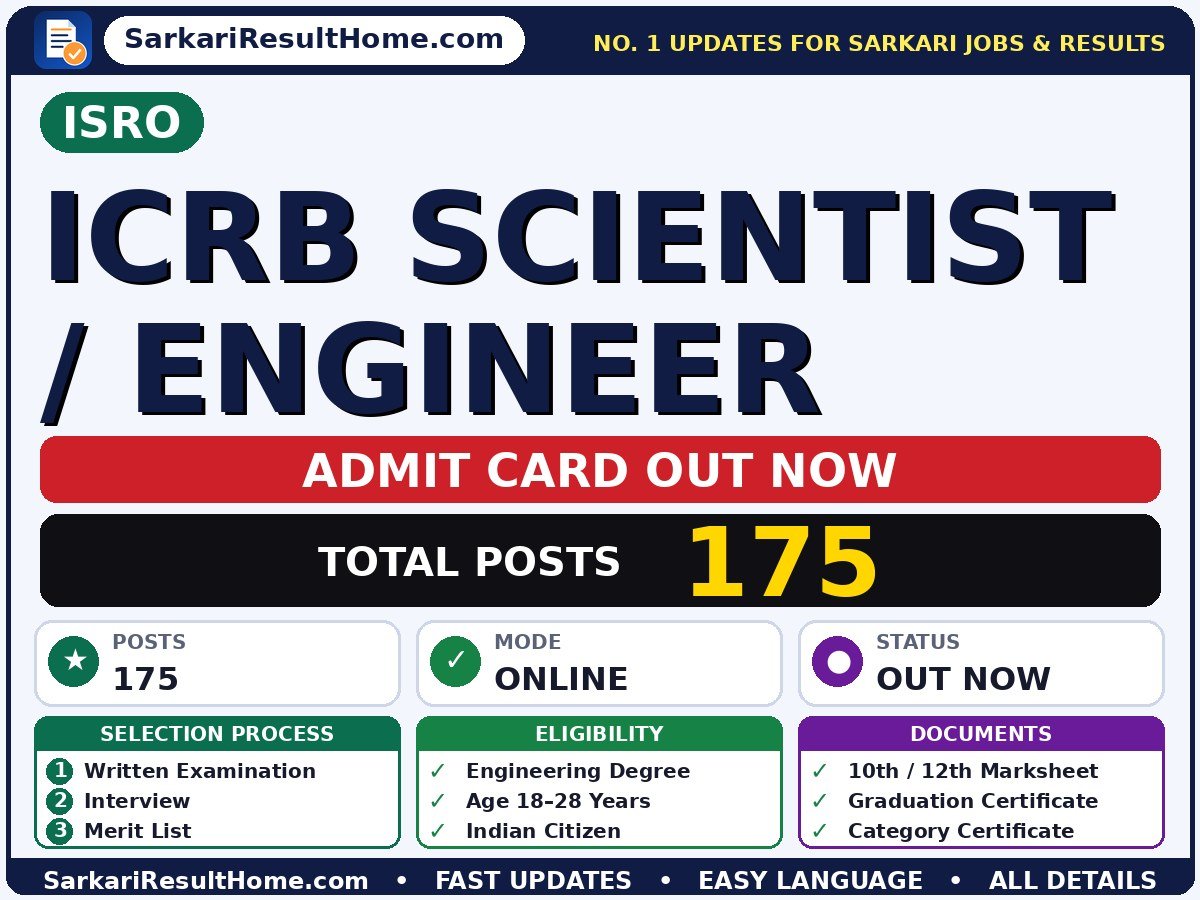 ISRO ICRB Scientist / Engineer Admit Card 2026 Out: How to Download - Indian Space Research Organisation admit card summary (Exam Date: 29 Oct 2026)