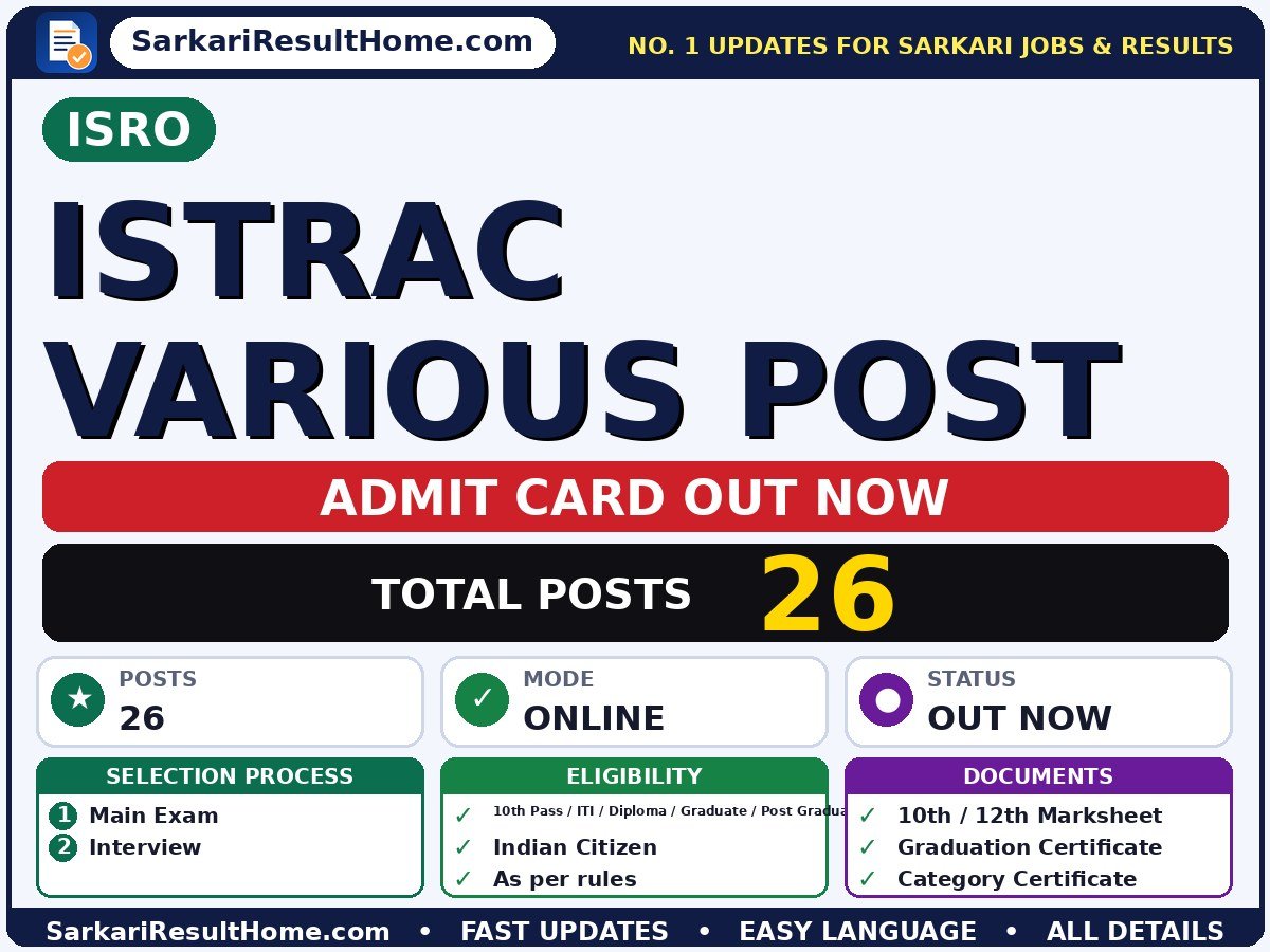 ISRO ISTRAC Various Post Admit Card 2026 – Download Link - Indian Space Research Organisation admit card summary (Exam Date: 25 Sep 2026; Admit Card: 21 Sep 2026)