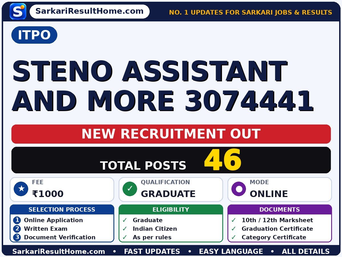 ITPO Government Job 2026 for 46 Steno Assistant 3074441 and Others – Check Out - ITPO sarkari naukri summary (Total Posts: 46; Last Date: 13 Nov 2026; Qualification: Graduate)