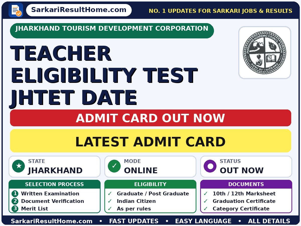Jharkhand Tourism Development Corporation Teacher Eligibility Test JHTET Date Admit Card 2026 Out: How to Download - Jharkhand Tourism Development Corporation admit card summary (Exam Date: 01 Nov 2026; Admit Card: 15 Oct 2026)
