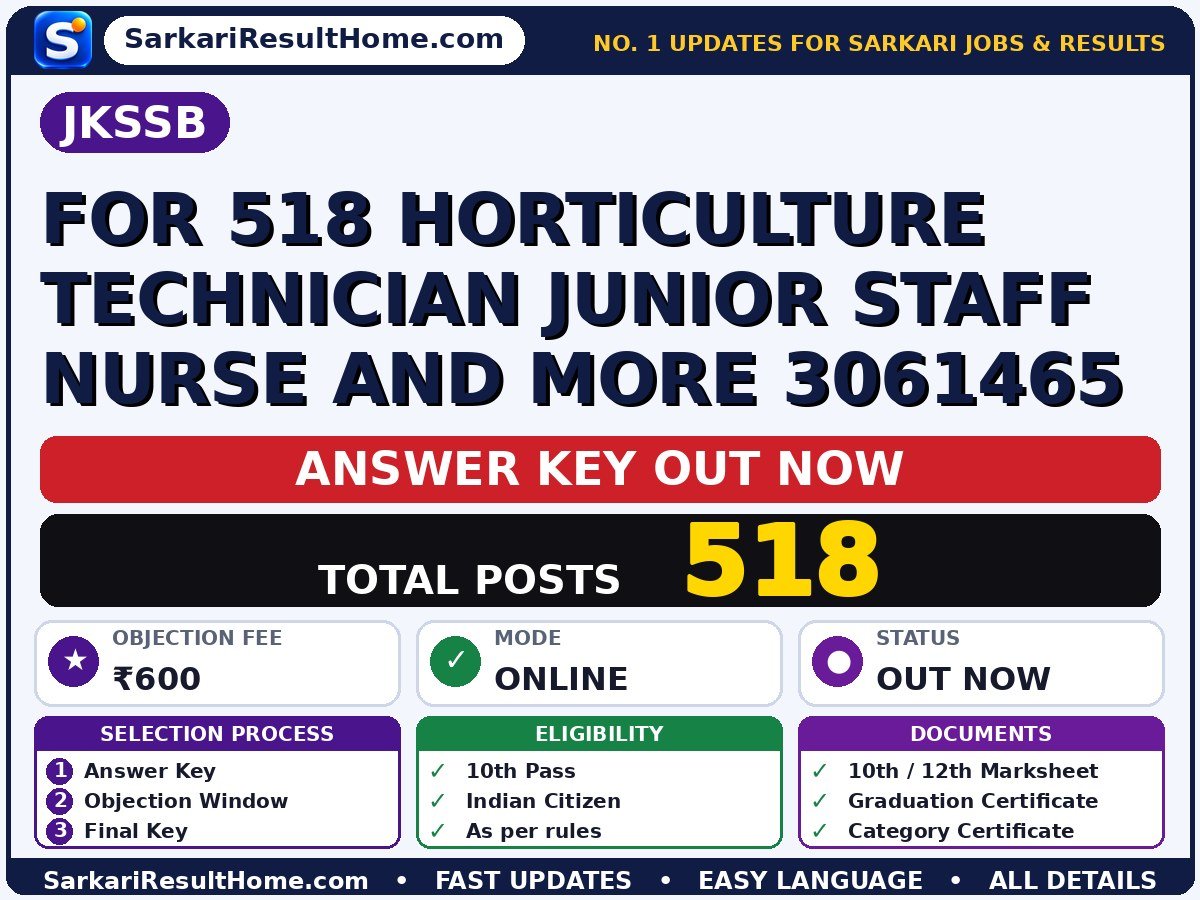 JKSSB For 518 Horticulture Technician Junior Staff Nurse And More 3061465 Answer Key 2026 Released - Jammu and Kashmir Services Selection Board answer key summary (Objection Fee: ₹600)