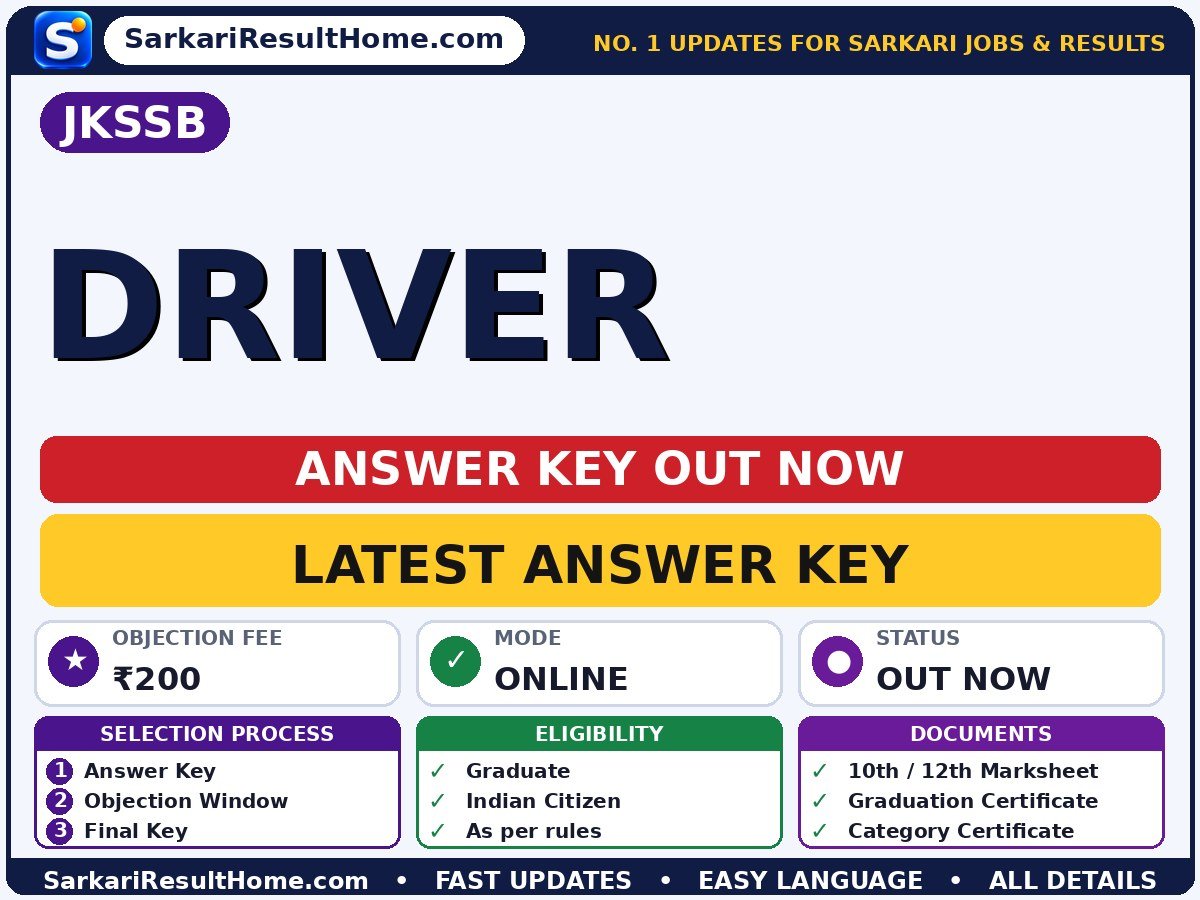 JKSSB Driver Answer Key 2026 Released - Jammu and Kashmir Services Selection Board answer key summary (Exam Date: 18 Oct 2026; Objection Fee: ₹200)