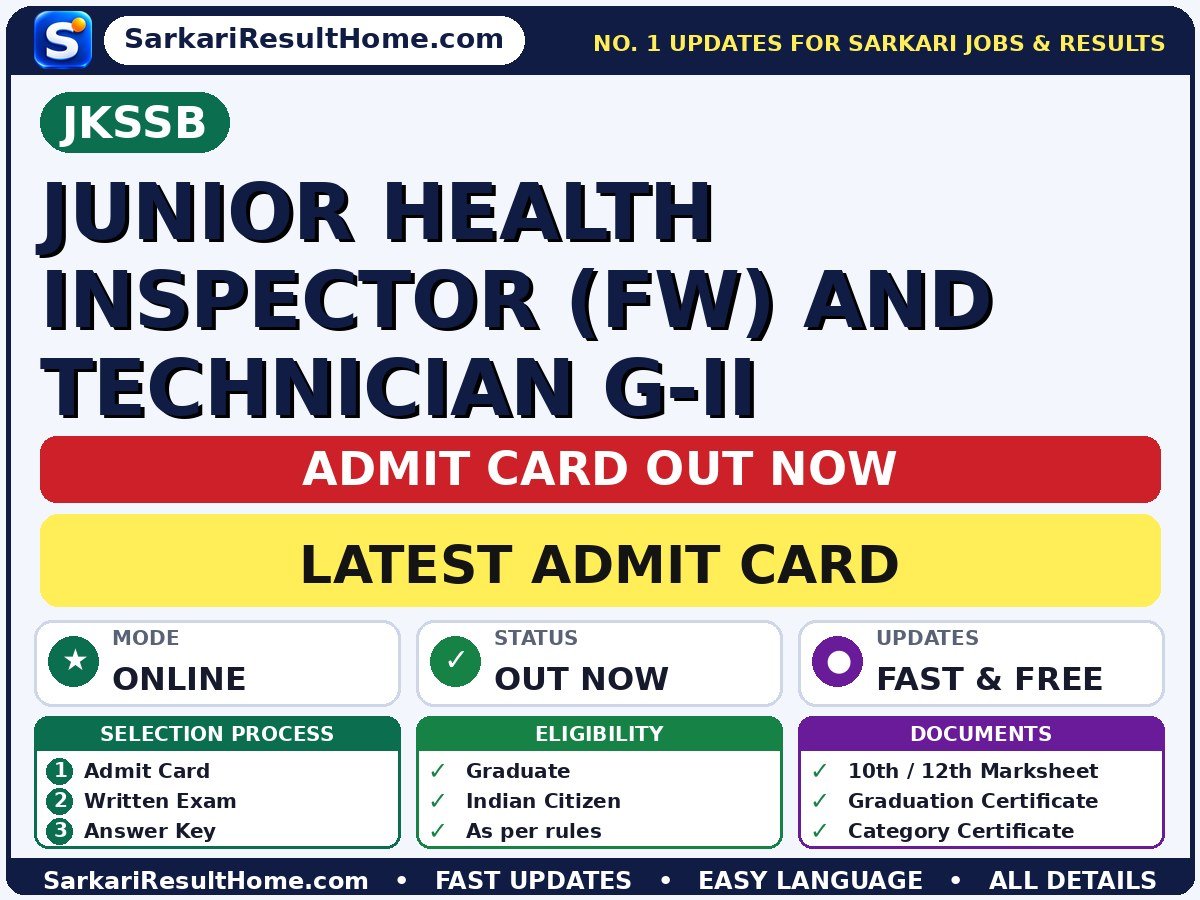 JKSSB Junior Health Inspector (FW) and Technician G-II Admit Card 2026 – Download Link - Jammu and Kashmir Services Selection Board admit card summary (Exam Date: 07 Oct 2026; Admit Card: 02 Oct 2026)