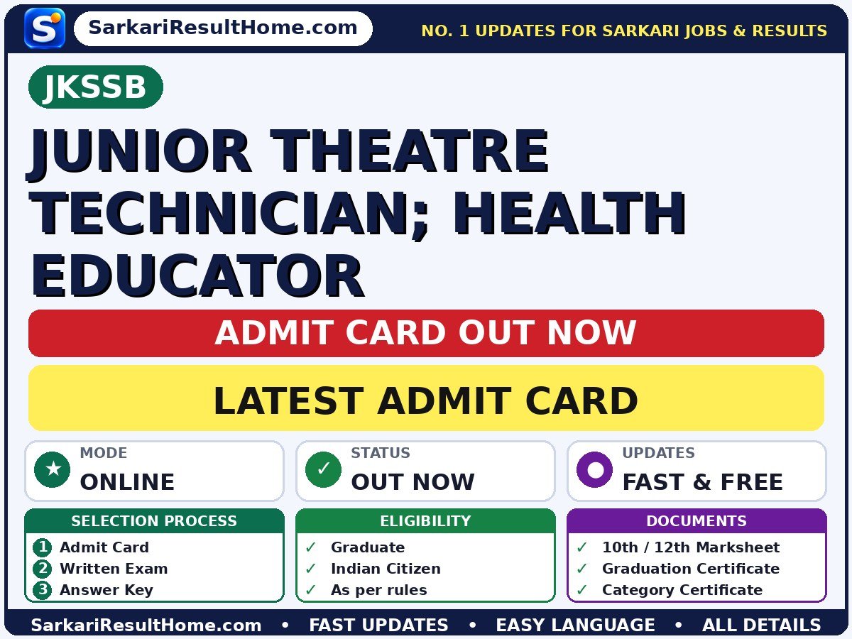 JKSSB Junior Theatre Technician; Health Educator Admit Card 2026 – Download Link - Jammu and Kashmir Services Selection Board admit card summary (Exam Date: 29 Oct 2026)