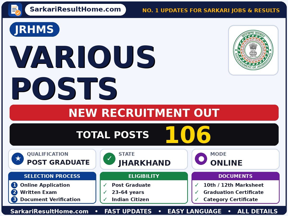 JRHMS Government Job 2026 for 106 Various Posts – Direct Link - Jharkhand Rural Health Mission Society sarkari naukri summary (Total Posts: 106; Last Date: 31 Oct 2026; Qualification: Post Graduate)