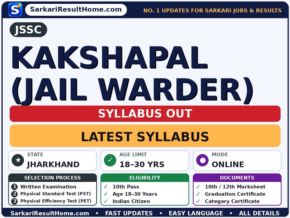 JSSC Kakshapal (Jail Warder) Syllabus 2026 - Jharkhand Staff Selection Commission syllabus summary (Selection: Written Examination → Physical Standard Test (PST) → Physical Efficiency Test (PET) → Medical Examination)