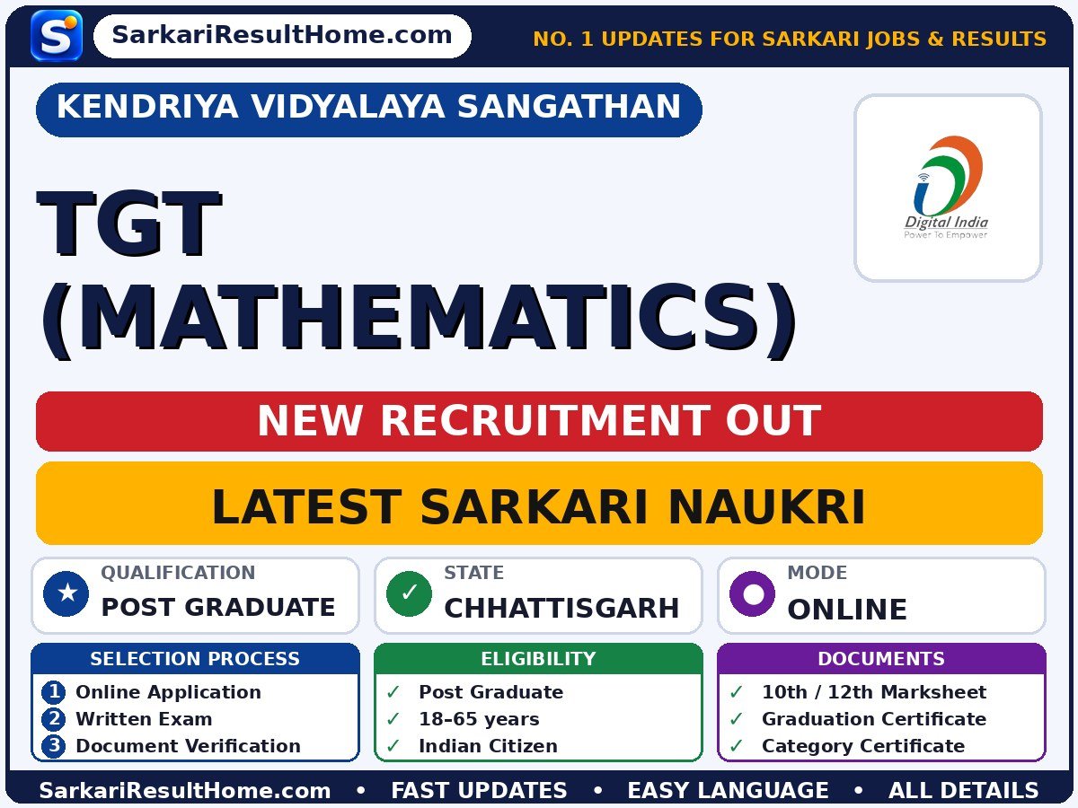 Kendriya Vidyalaya Sangathan Government Job 2026 for TGT (Mathematics) – Check Details - Kendriya Vidyalaya Sangathan sarkari naukri summary (Last Date: 12 Oct 2026; Qualification: Post Graduate; Age: 18–65 years)