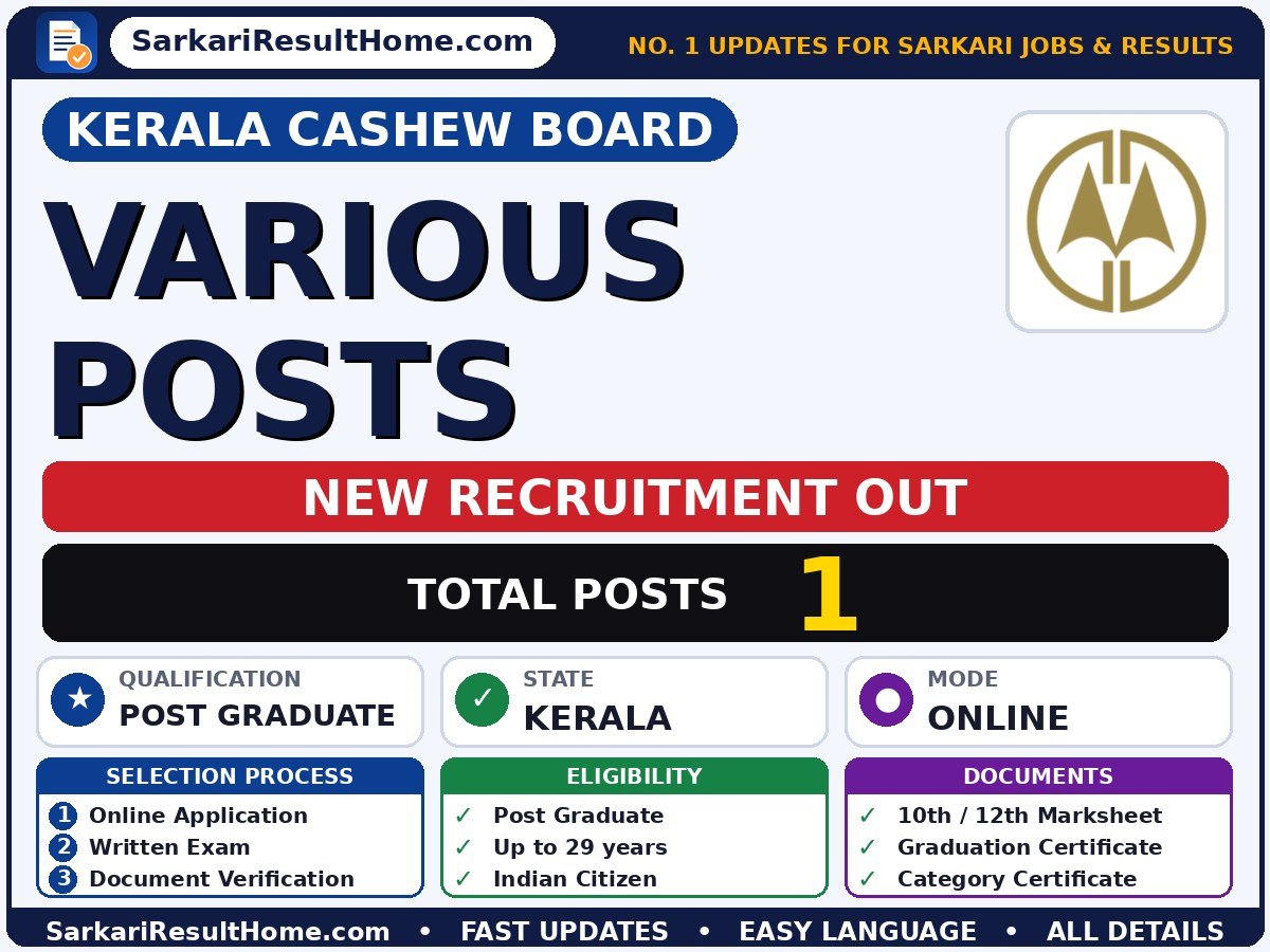 Kerala Cashew Board Government Job 2026 for 1 Various Post – Check Out - Kerala Cashew Board sarkari naukri summary (Total Posts: 1; Last Date: 13 Oct 2026; Qualification: Post Graduate)