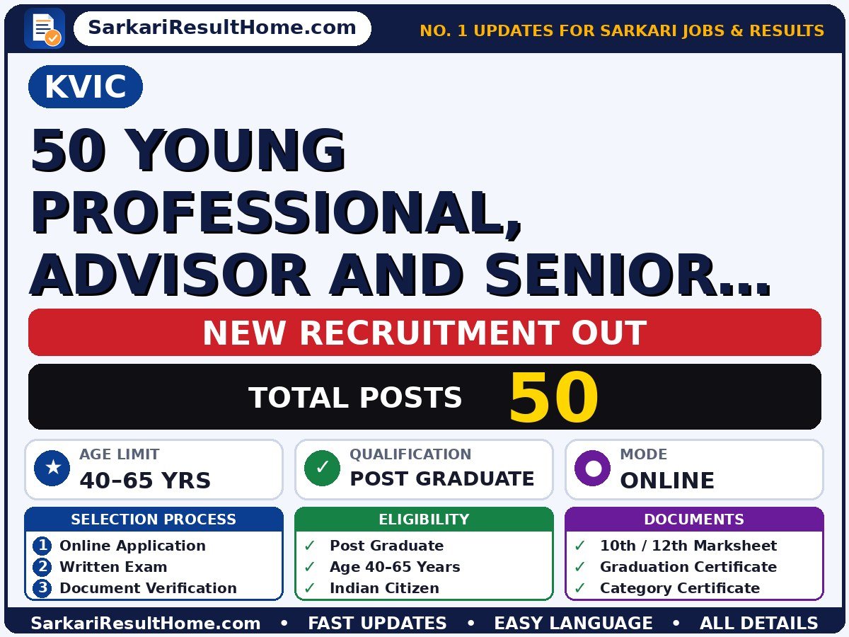 KVIC Govt Job 2026 for 50 Young Professional, Advisor and Others – Check Out - KVIC sarkari naukri summary (Total Posts: 50; Last Date: 30 Sep 2026; Qualification: Post Graduate)