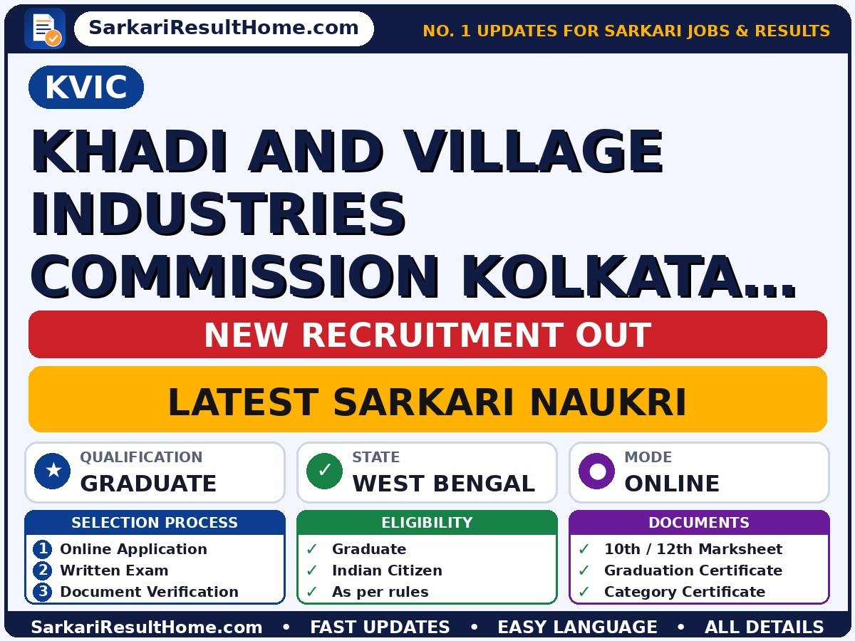 KVIC Govt Job 2026 for Khadi, Village Industries Commission Kolkata and Others – Download PDF - KVIC sarkari naukri summary (Last Date: 21 Oct 2026; Qualification: Graduate)