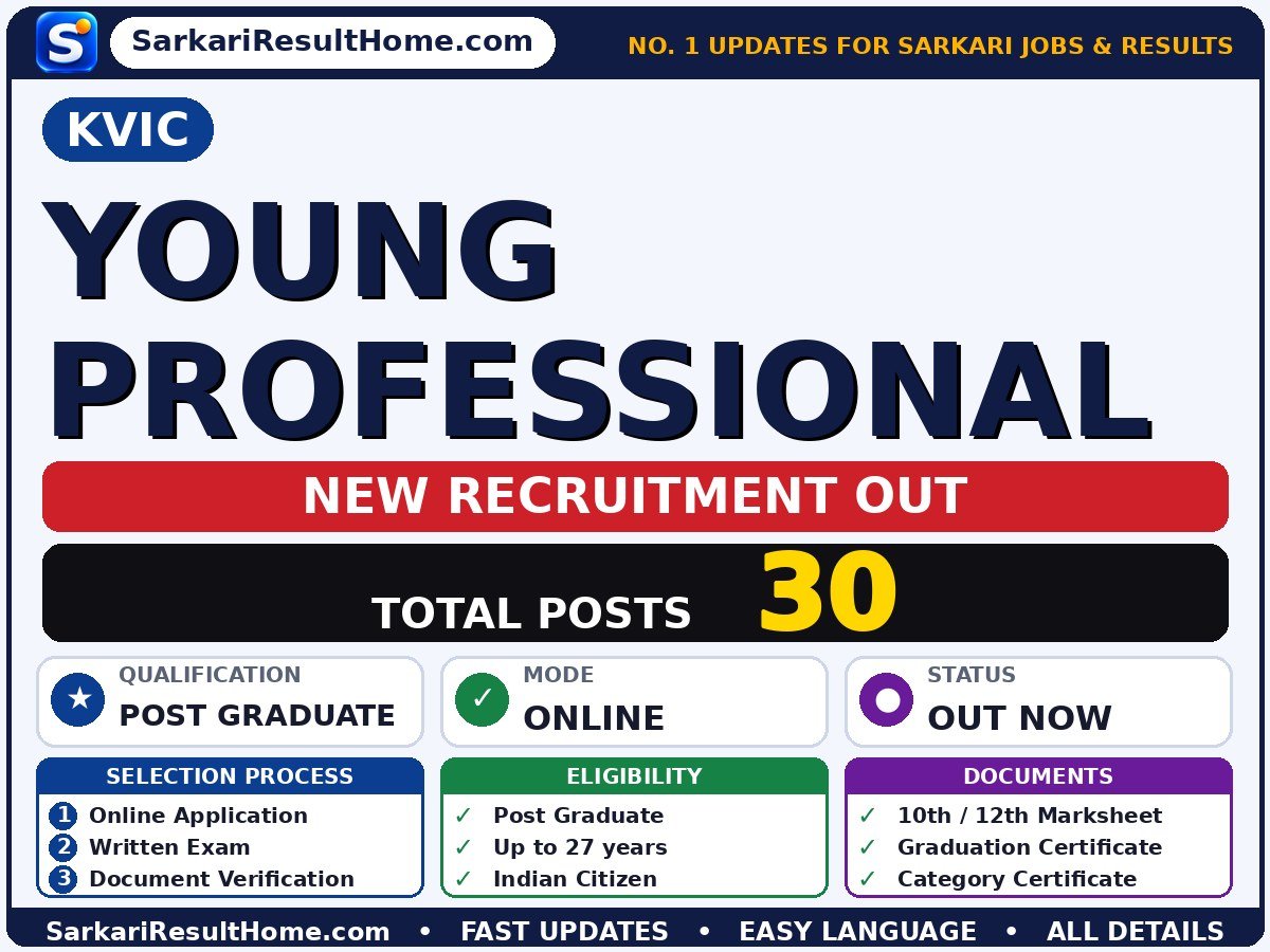 KVIC Recruitment 2026 for 30 Young Professional Posts – Apply Now - KVIC sarkari naukri summary (Total Posts: 30; Last Date: 30 Oct 2026; Qualification: Post Graduate)