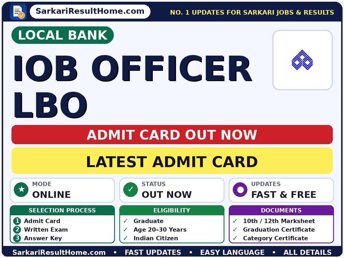 Local Bank IOB Officer LBO Admit Card 2026 – Download Link - Local Bank admit card summary (Exam Date: 29 Sep 2026; Admit Card: 17 Sep 2026)