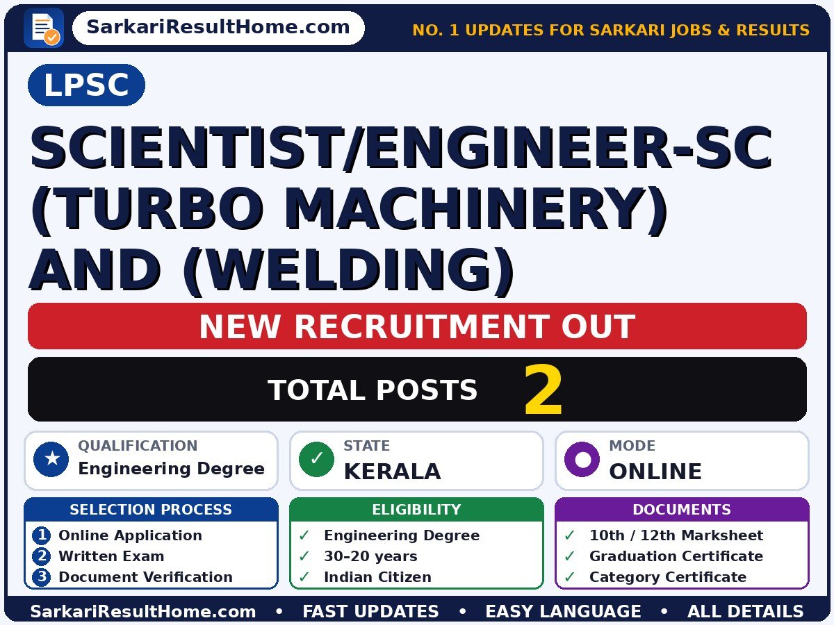 LPSC Sarkari Naukri 2026 for 2 Scientist/Engineer-SC (Turbo Machinery) and (Welding) – Check Details - Liquid Propulsion Systems Centre sarkari naukri summary (Total Posts: 2; Last Date: 13 Oct 2026; Qualification: Engineering Degree)
