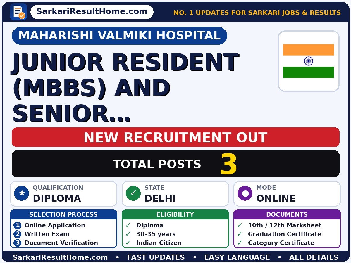 Maharishi Valmiki Hospital Sarkari Naukri 2026 for 3 Junior Resident (MBBS) and Senior (Radiology) – Download PDF - Maharishi Valmiki Hospital sarkari naukri summary (Total Posts: 3; Last Date: 14 Oct 2026; Qualification: Diploma)